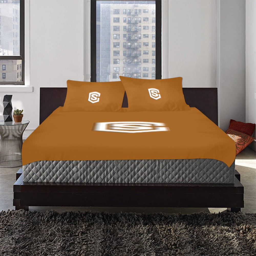 Brown 3-Piece Bedding Set (1 Duvet Cover 86"x70"; 2 Pillowcases 20"x30")(One Side) wtih White Logo 3-Piece Bedding Set (1 Duvet Cover 86"x70"; 2 Pillowcases 20"x30")(One Side)