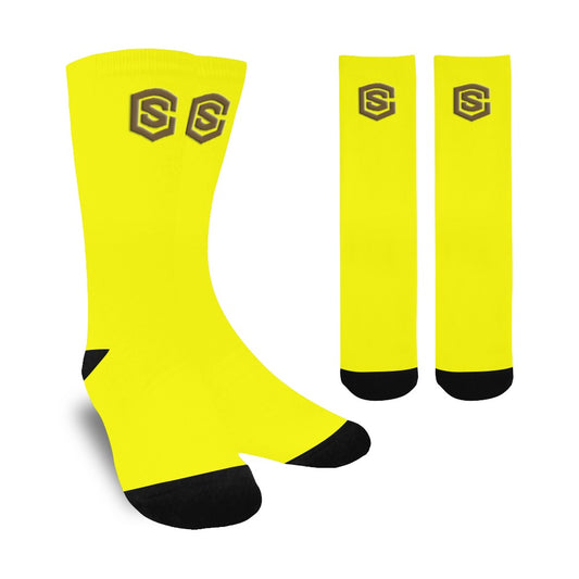 Yellow Sublimated Crew Socks (Made In USA) with Brown Logo Sublimated Crew Socks (Made In USA)