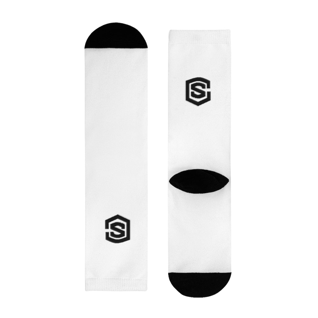 white Sublimation Crew Socks (EU) Blue Logo