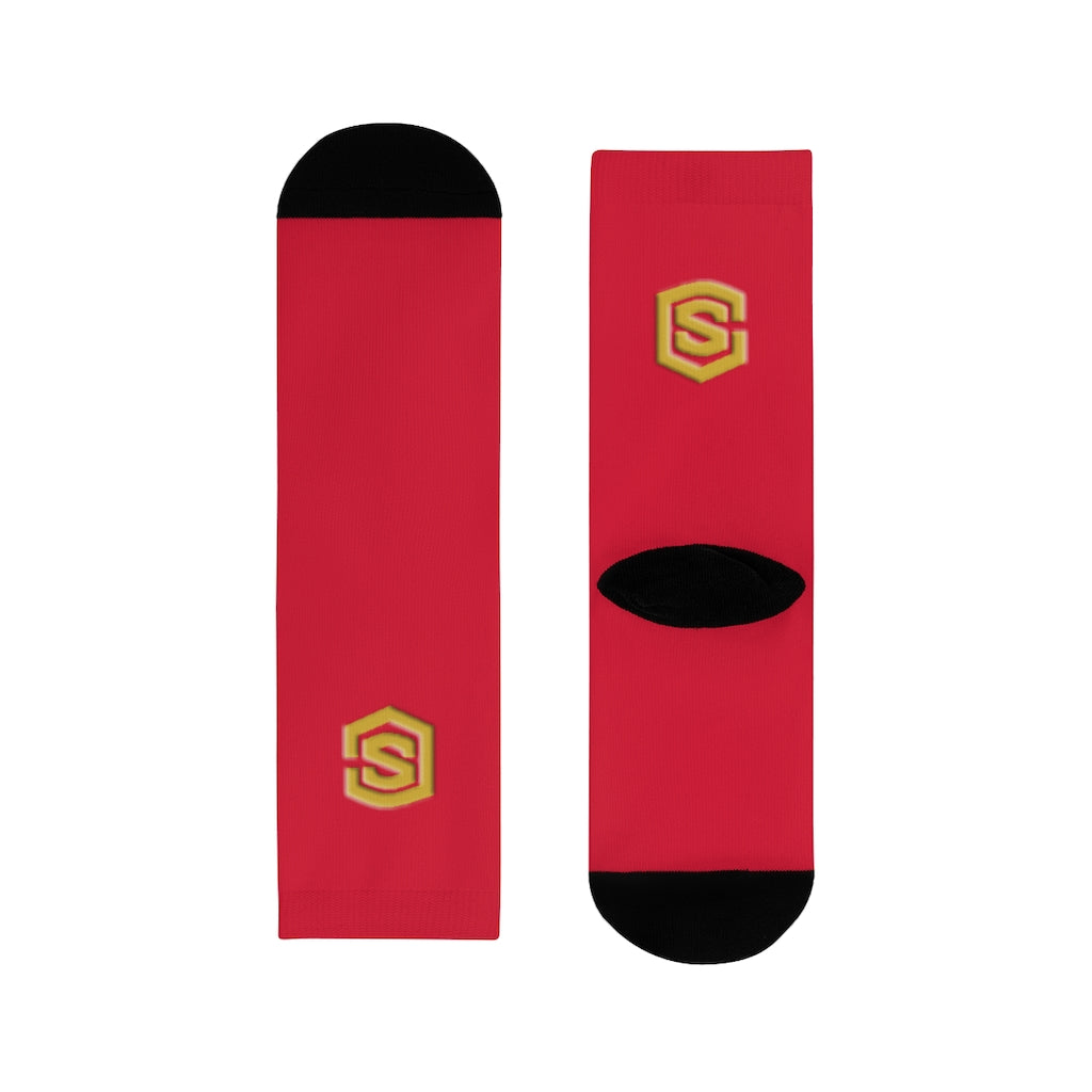 Red Sublimation Crew Socks (EU) Gold Logo