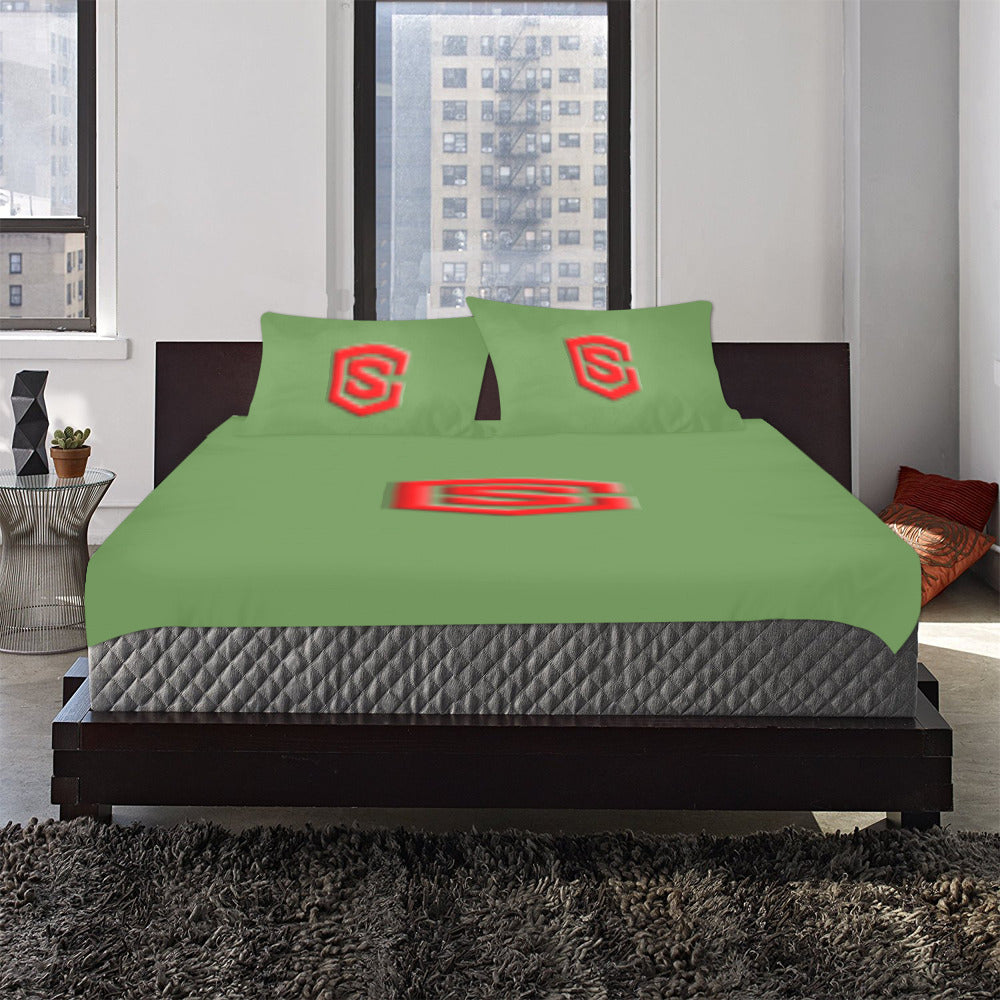 Green Duvet Cover Red Logo 3-Piece Bedding Set (1 Duvet Cover 86"x70"; 2 Pillowcases 20"x30")(One Side)
