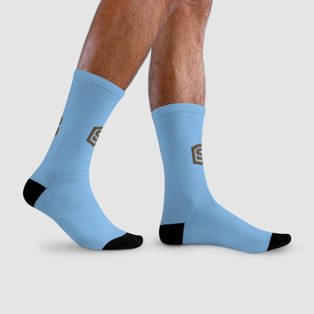 Blue Sublimation Crew Socks (EU) Brown Logo