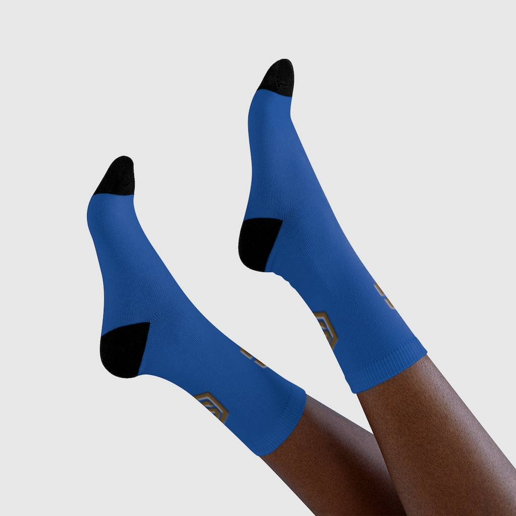 Blue Sublimation Crew Socks (EU) Brown Logo
