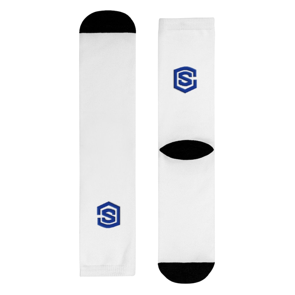 white Sublimation Crew Socks (EU) Blue Logo