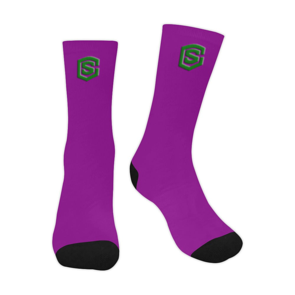 Purple Sublimated Crew Socks (Made In USA) with Green Logo Sublimated Crew Socks (Made In USA)
