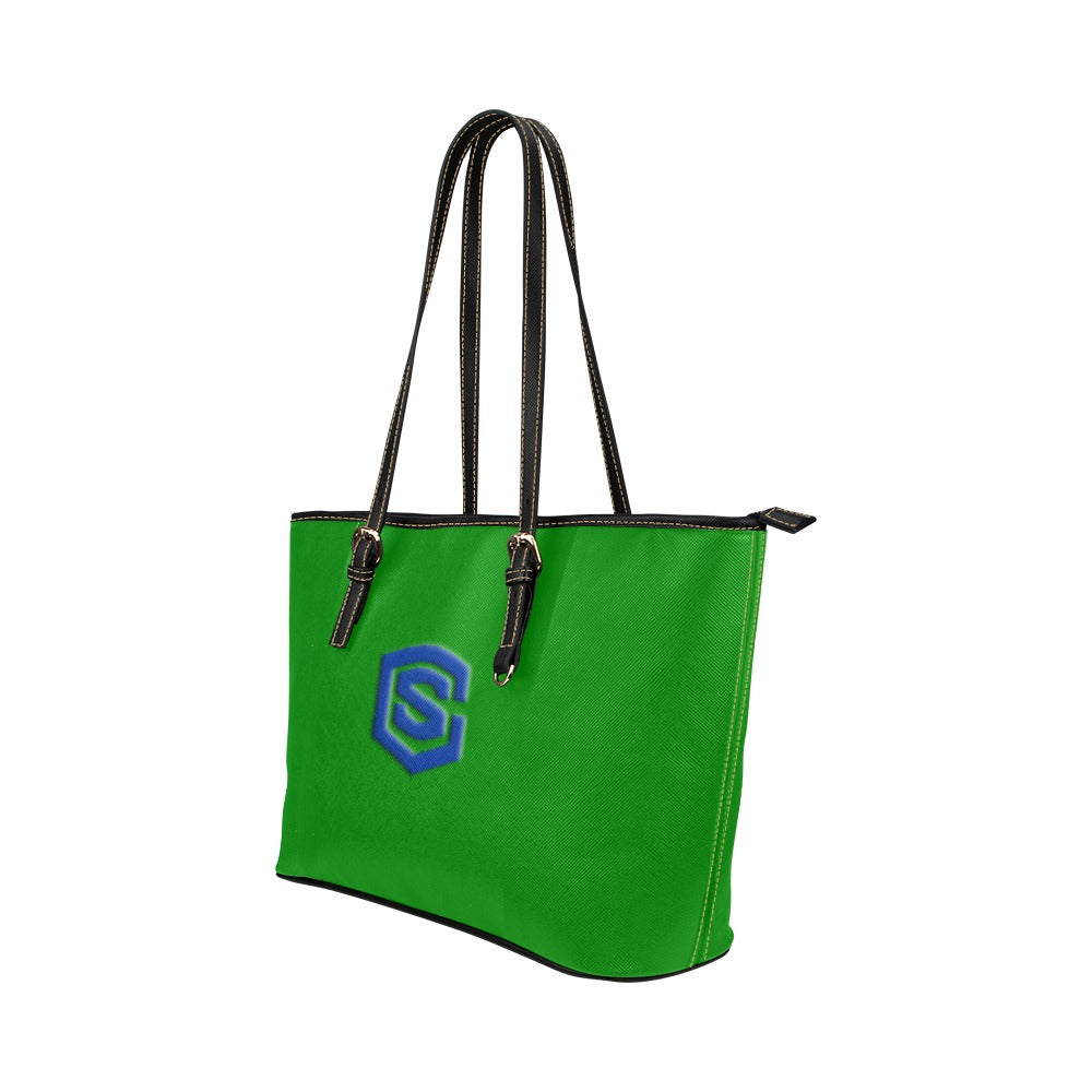 GREEN Leather Tote Bag WITH BLUE LOGO Leather Tote Bag (Model 1651) (Big)