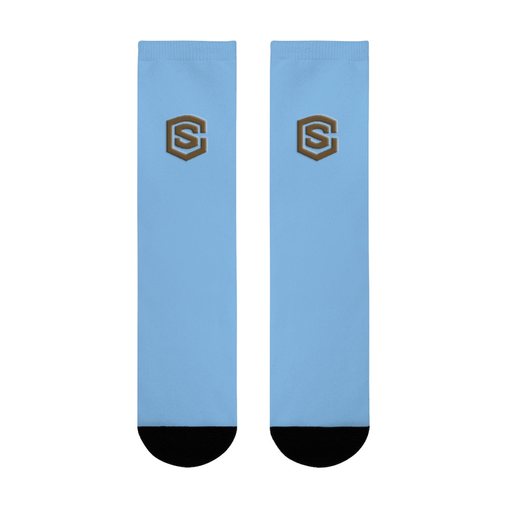 Blue Sublimation Crew Socks (EU) Brown Logo