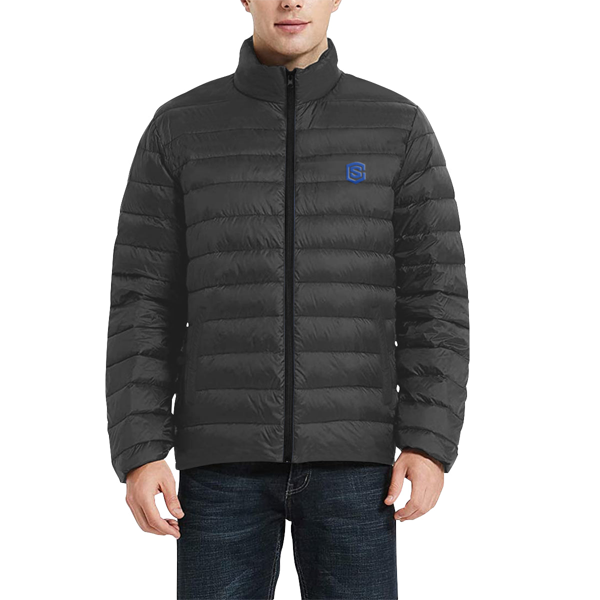 BLACK MEN'S STAND COLLAR PADDED JACKET Blue Logo Men's Stand Collar Padded Jacket (Model H41)