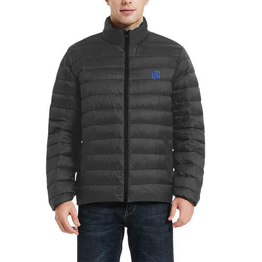 BLACK MEN'S STAND COLLAR PADDED JACKET Blue Logo Men's Stand Collar Padded Jacket (Model H41)