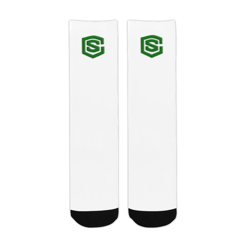 White Sublimated Crew Socks (Made In USA) with Green Logo Sublimated Crew Socks (Made In USA)