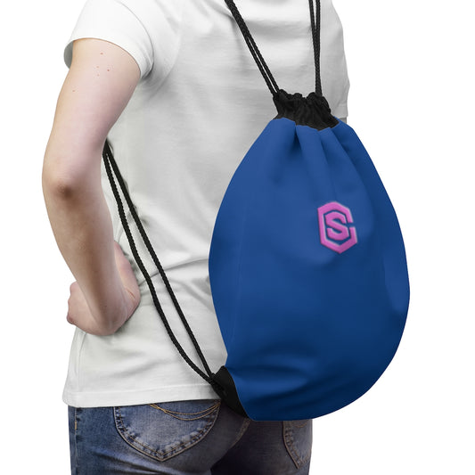 Blue Drawstring Bag Pink logo