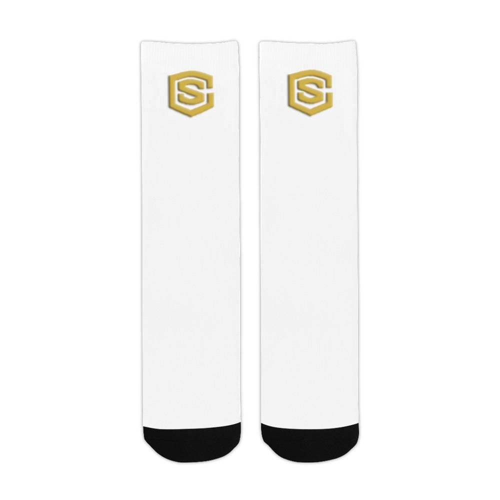 White Sublimated Crew Socks (Made In USA) with Gold Logo Sublimated Crew Socks (Made In USA)