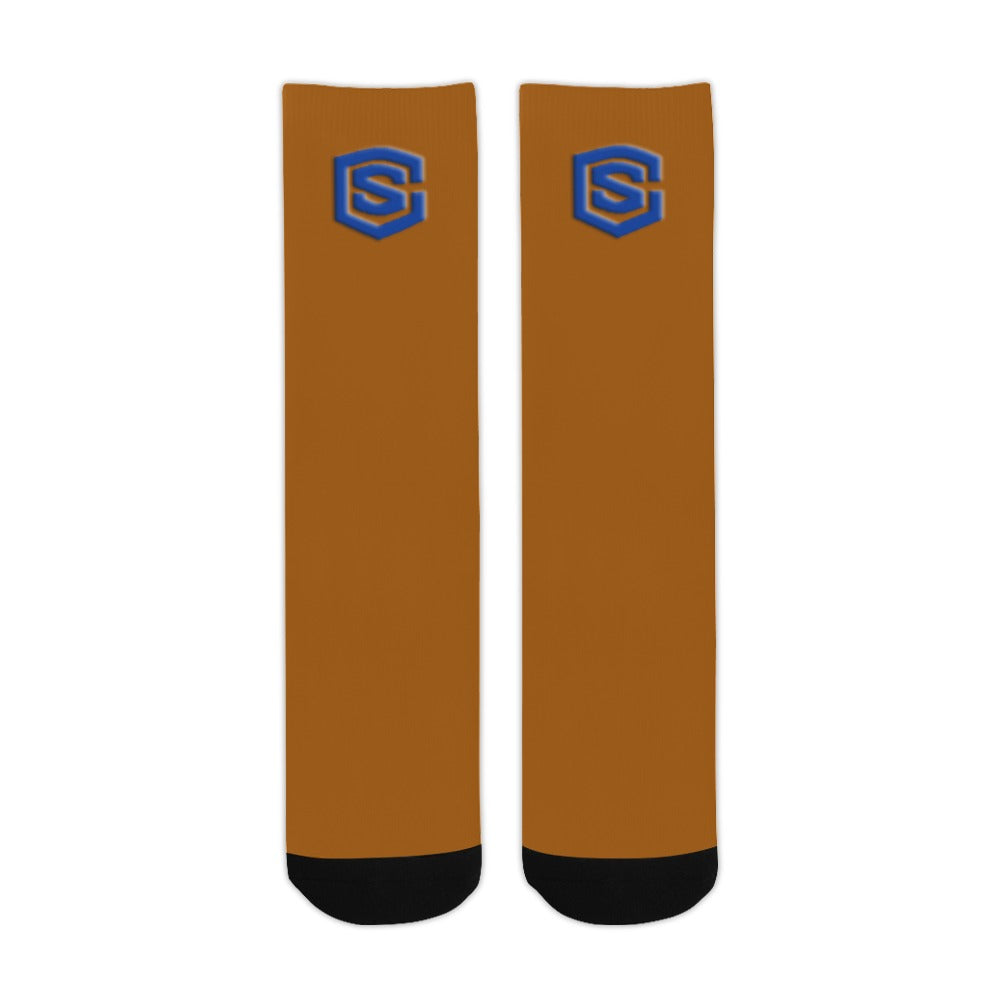 Brown Sublimated Crew Socks (Made In USA) with Blue Logo Sublimated Crew Socks (Made In USA)