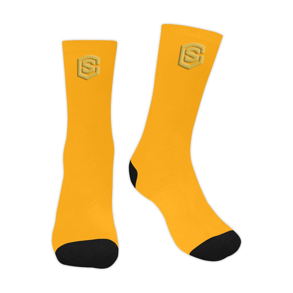 Orange Sublimated Crew Socks (Made In USA) with Gold Logo Sublimated Crew Socks (Made In USA)