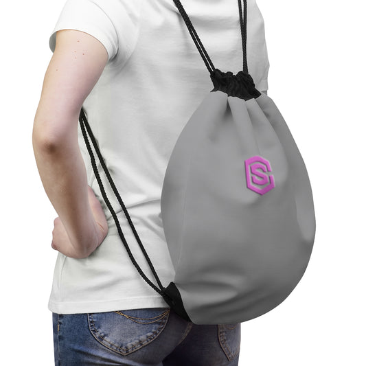 Grey Drawstring Bag Pink logo