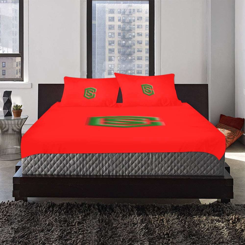 Red 3-Piece Bedding Set (1 Duvet Cover 86"x70"; 2 Pillowcases 20"x30")(One Side) wtih Green Logo 3-Piece Bedding Set (1 Duvet Cover 86"x70"; 2 Pillowcases 20"x30")(One Side)
