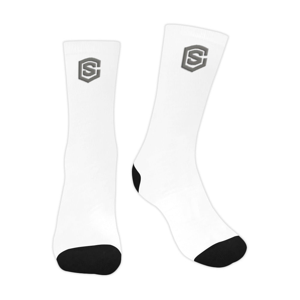 White Sublimated Crew Socks (Made In USA) with Gray Logo Sublimated Crew Socks (Made In USA)