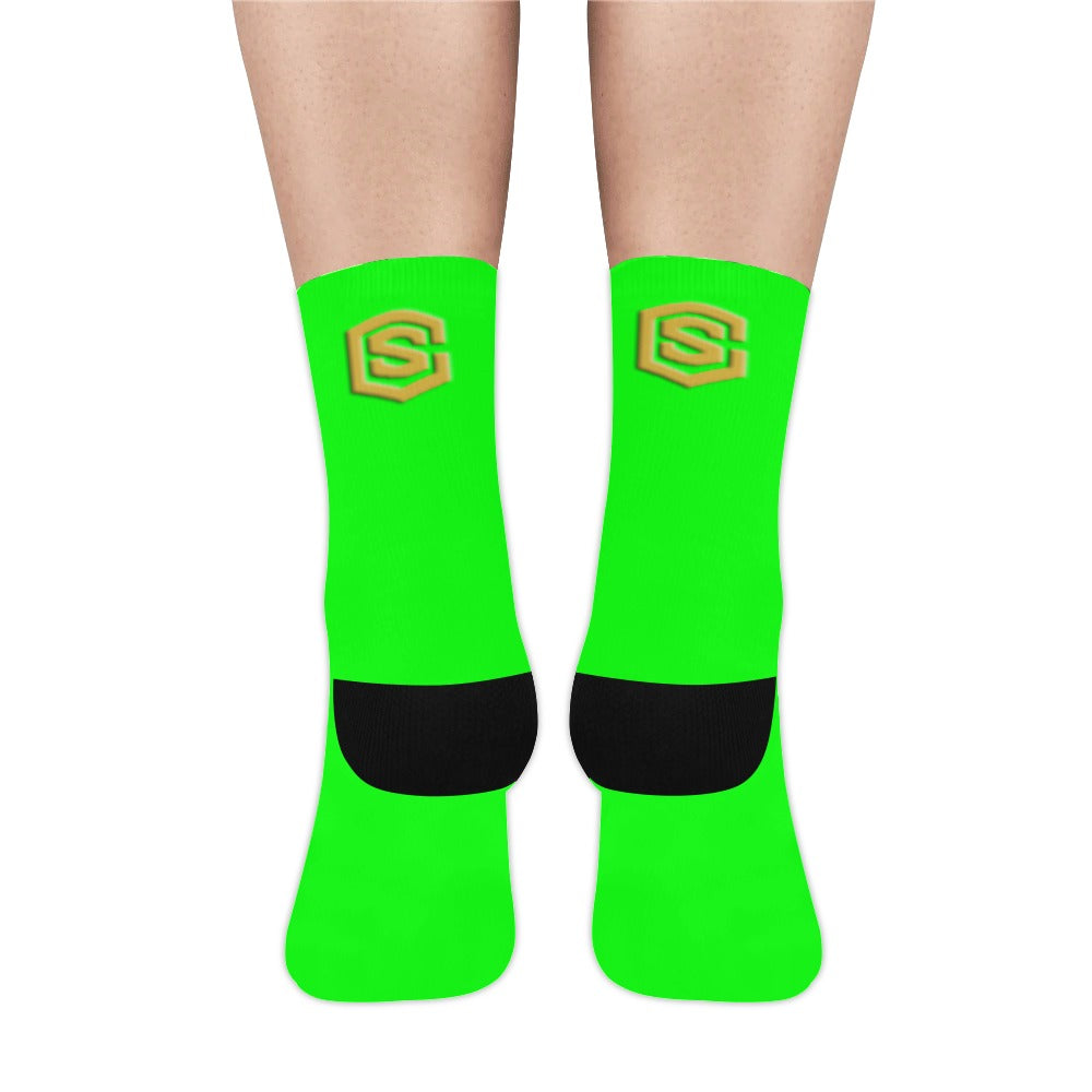 Green Sublimated Crew Socks (Made In USA) with Gold Logo Sublimated Crew Socks (Made In USA)