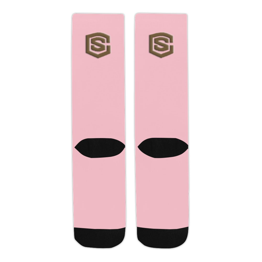 Pink Sublimated Crew Socks (Made In USA) with Brown Logo Sublimated Crew Socks (Made In USA)