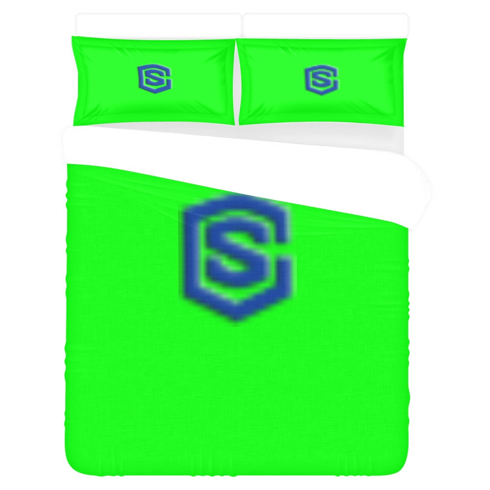 Green 3-Piece Bedding Set (1 Duvet Cover 86"x70"; 2 Pillowcases 20"x30")(One Side) wtih Blue Logo 3-Piece Bedding Set (1 Duvet Cover 86"x70"; 2 Pillowcases 20"x30")(One Side)