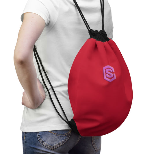 Red Drawstring Bag Pink logo