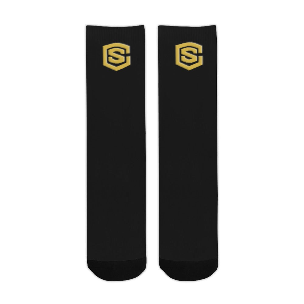 Black Sublimated Crew Socks (Made In USA) with Gold Logo Sublimated Crew Socks (Made In USA)