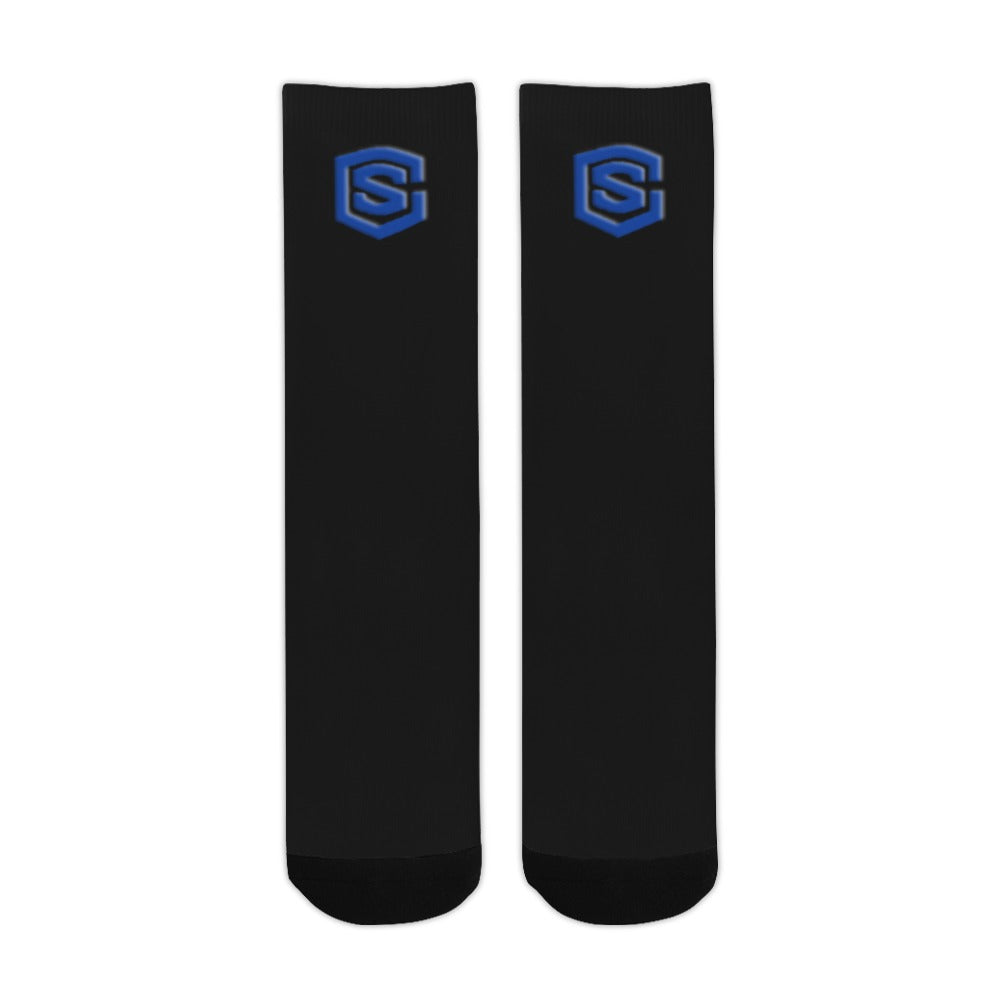 Black Sublimated Crew Socks (Made In USA) with Blue Logo Sublimated Crew Socks (Made In USA)