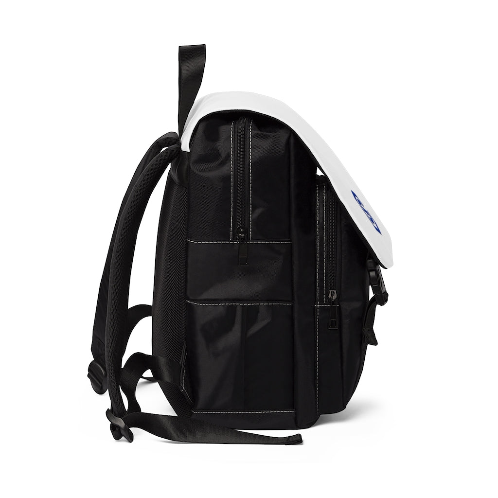 White Unisex Casual Shoulder Backpack Blue logo