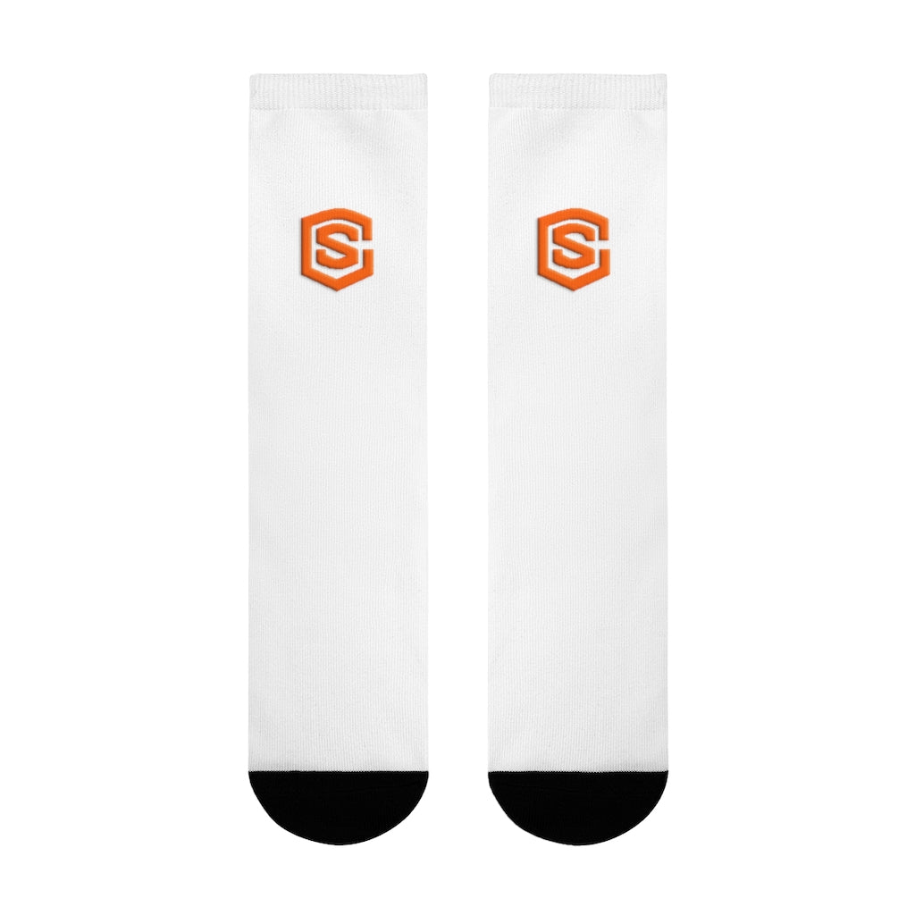 White Sublimation Crew Socks (EU) Orange Logo