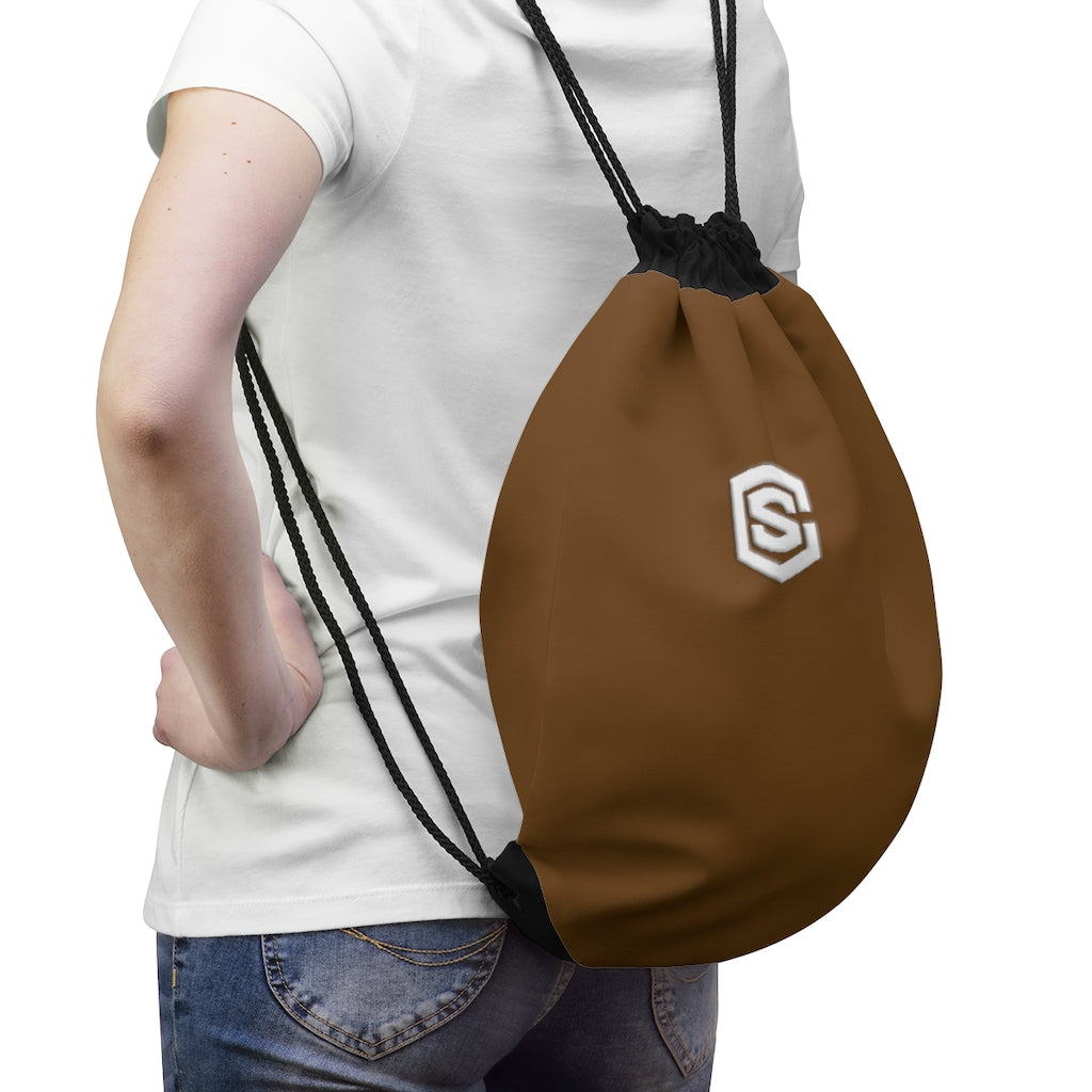 Brown Drawstring Bag White logo
