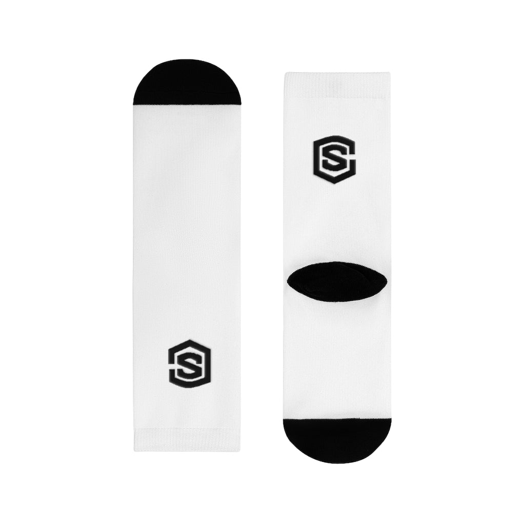 white Sublimation Crew Socks (EU) Blue Logo
