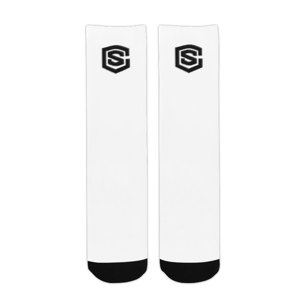 White Sublimated Crew Socks (Made In USA) with Black Logo Sublimated Crew Socks (Made In USA)