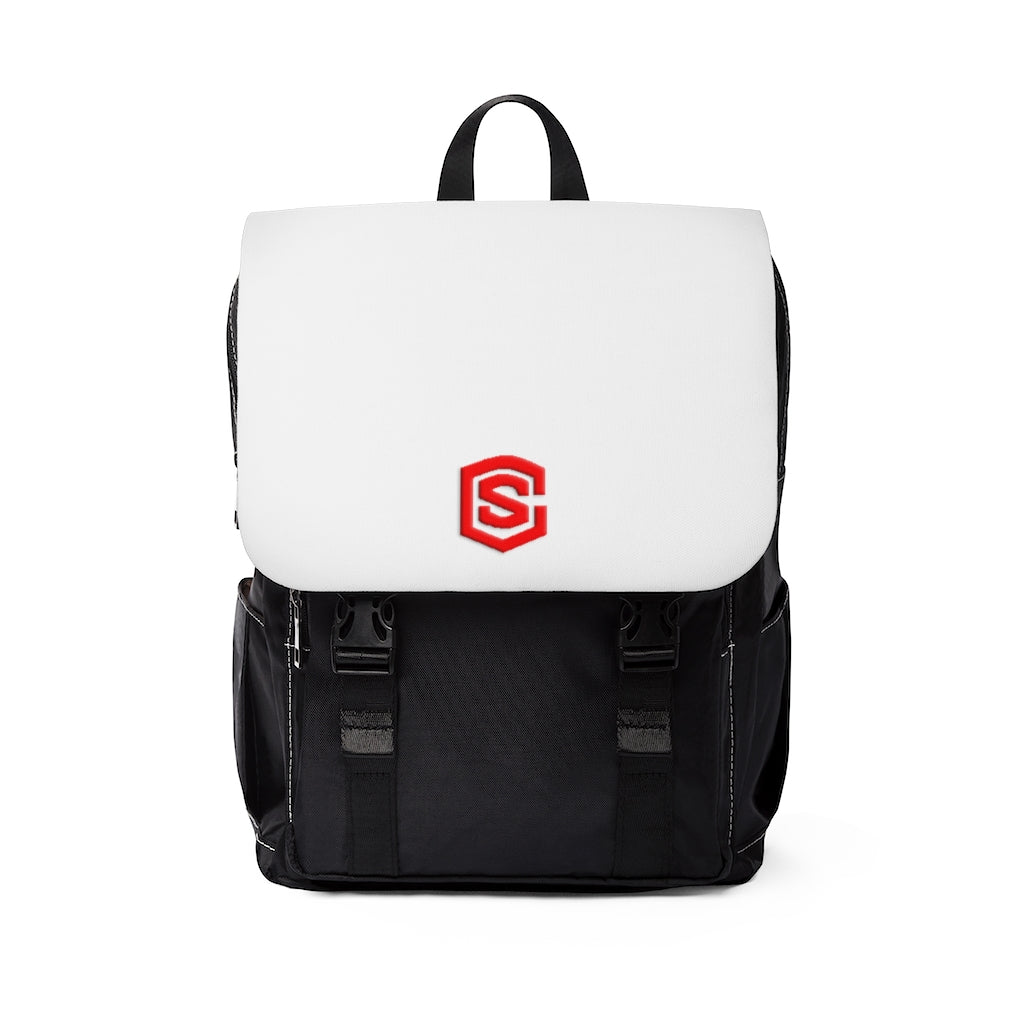 White Unisex Casual Shoulder Backpack Red logo