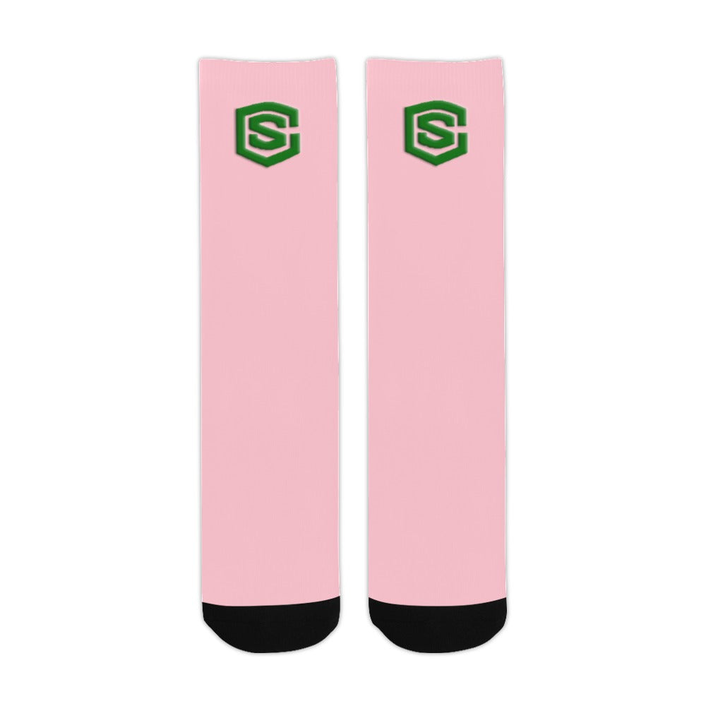 Pink Sublimated Crew Socks (Made In USA) with Green Logo Sublimated Crew Socks (Made In USA)