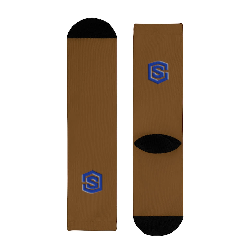 brown Sublimation Crew Socks (EU) Blue Logo