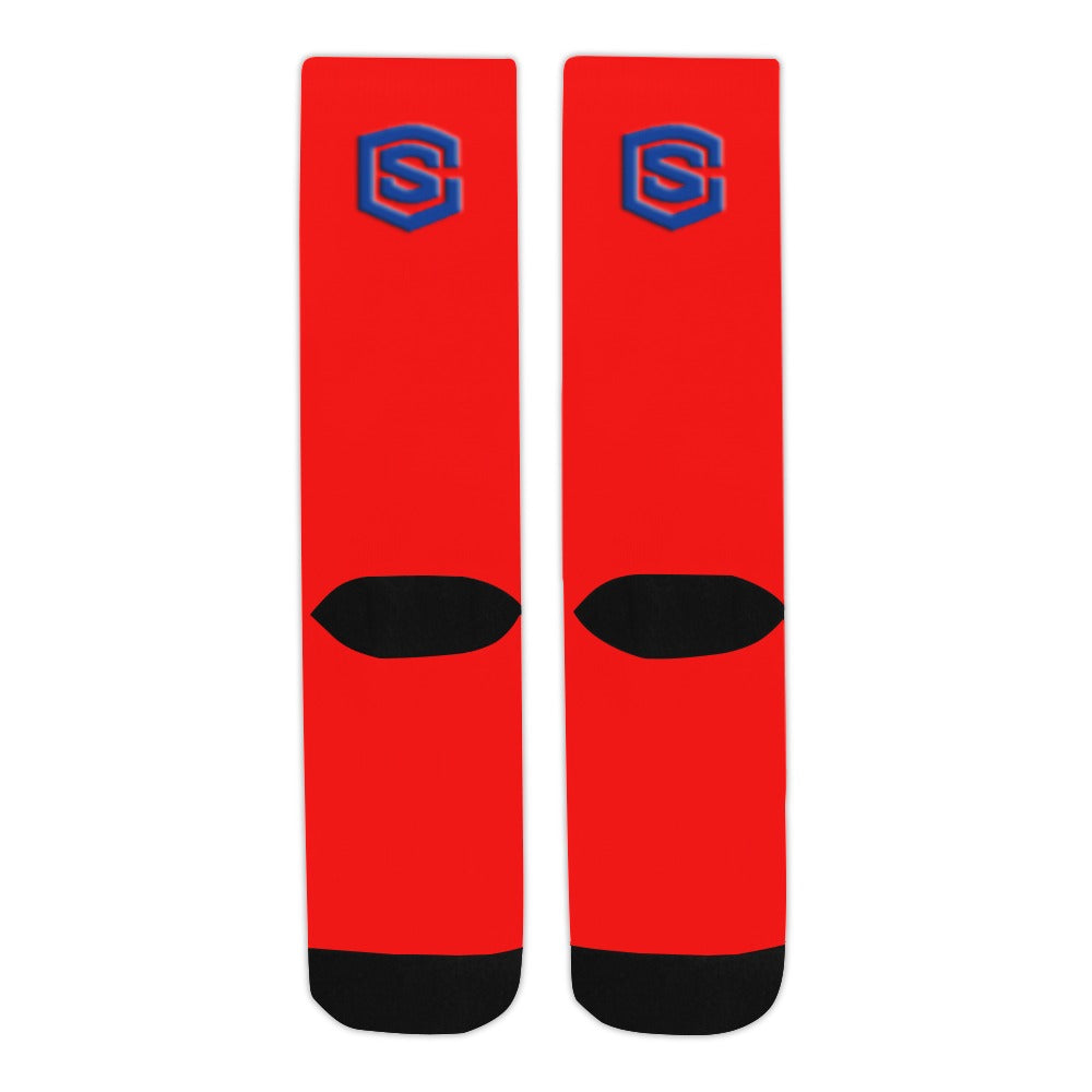 Red Sublimated Crew Socks (Made In USA) with Blue Logo Sublimated Crew Socks (Made In USA)