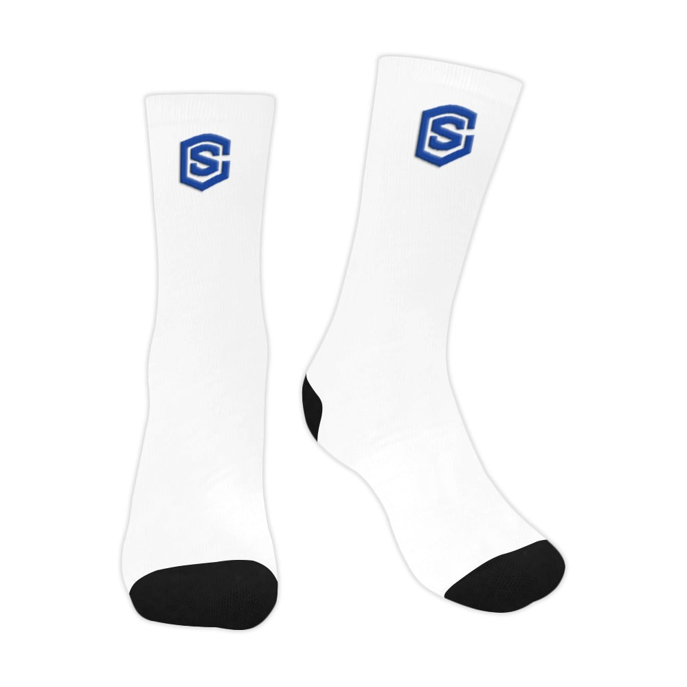 White Sublimated Crew Socks (Made In USA) with Blue Logo Sublimated Crew Socks (Made In USA)