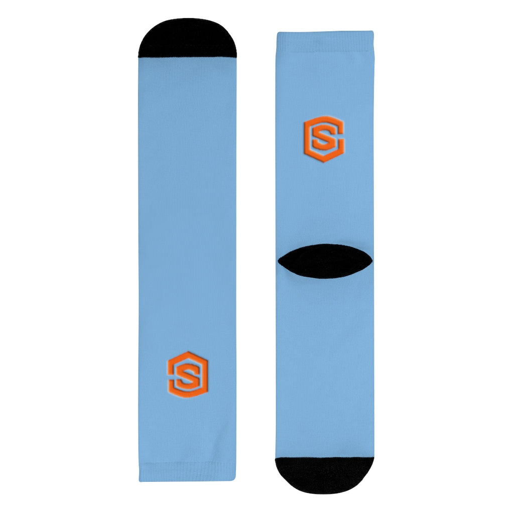 Blue Sublimation Crew Socks (EU) Orange Logo