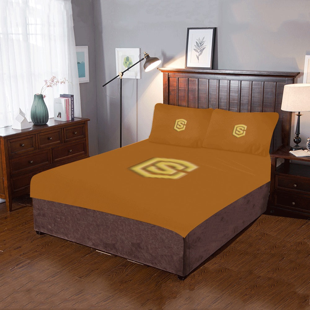 Brown 3-Piece Bedding Set (1 Duvet Cover 86"x70"; 2 Pillowcases 20"x30")(One Side) wtih Gold Logo 3-Piece Bedding Set (1 Duvet Cover 86"x70"; 2 Pillowcases 20"x30")(One Side)