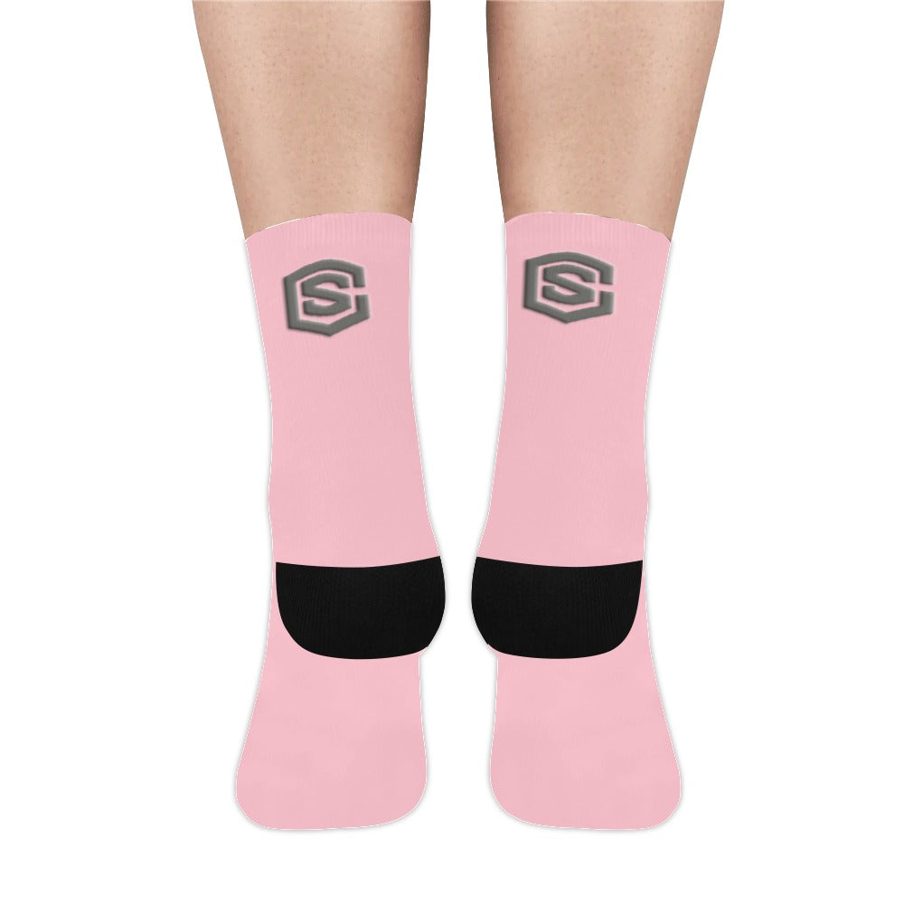 Pink Sublimated Crew Socks (Made In USA) with Gray Logo Sublimated Crew Socks (Made In USA)