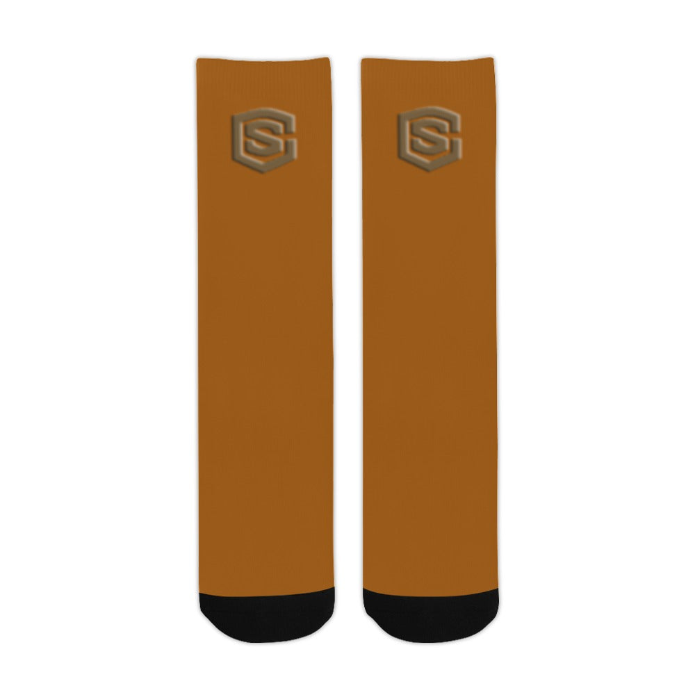 Brown Sublimated Crew Socks (Made In USA) with Brown Logo Sublimated Crew Socks (Made In USA)