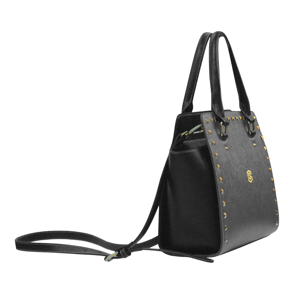 BLACK RIVET SHOULDER HANDBAG gold logo Rivet Shoulder Handbag (Model 1645)