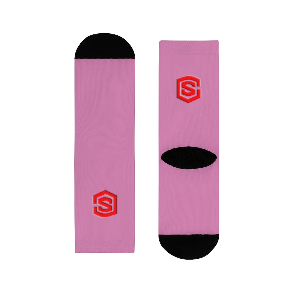 Pink Sublimation Crew Socks (EU) Red Logo