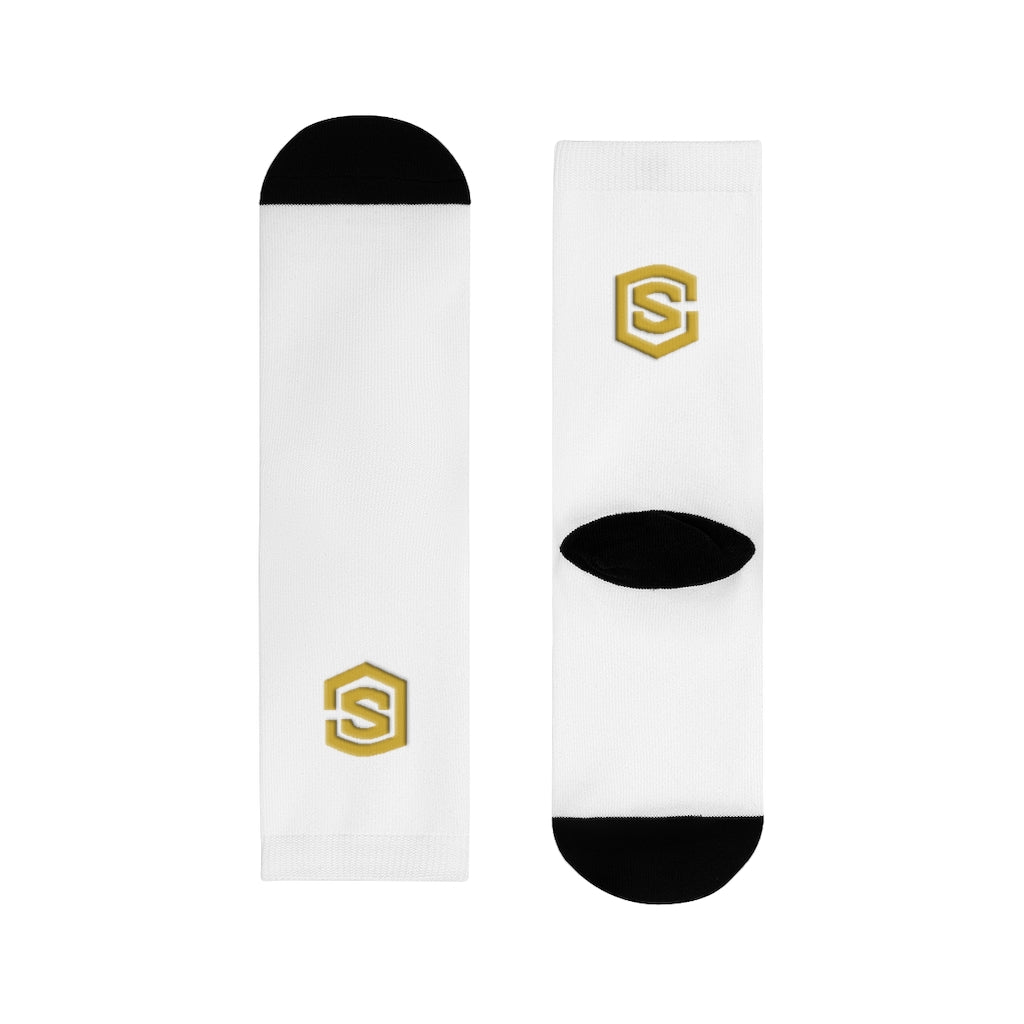 White Sublimation Crew Socks (EU) Gold Logo