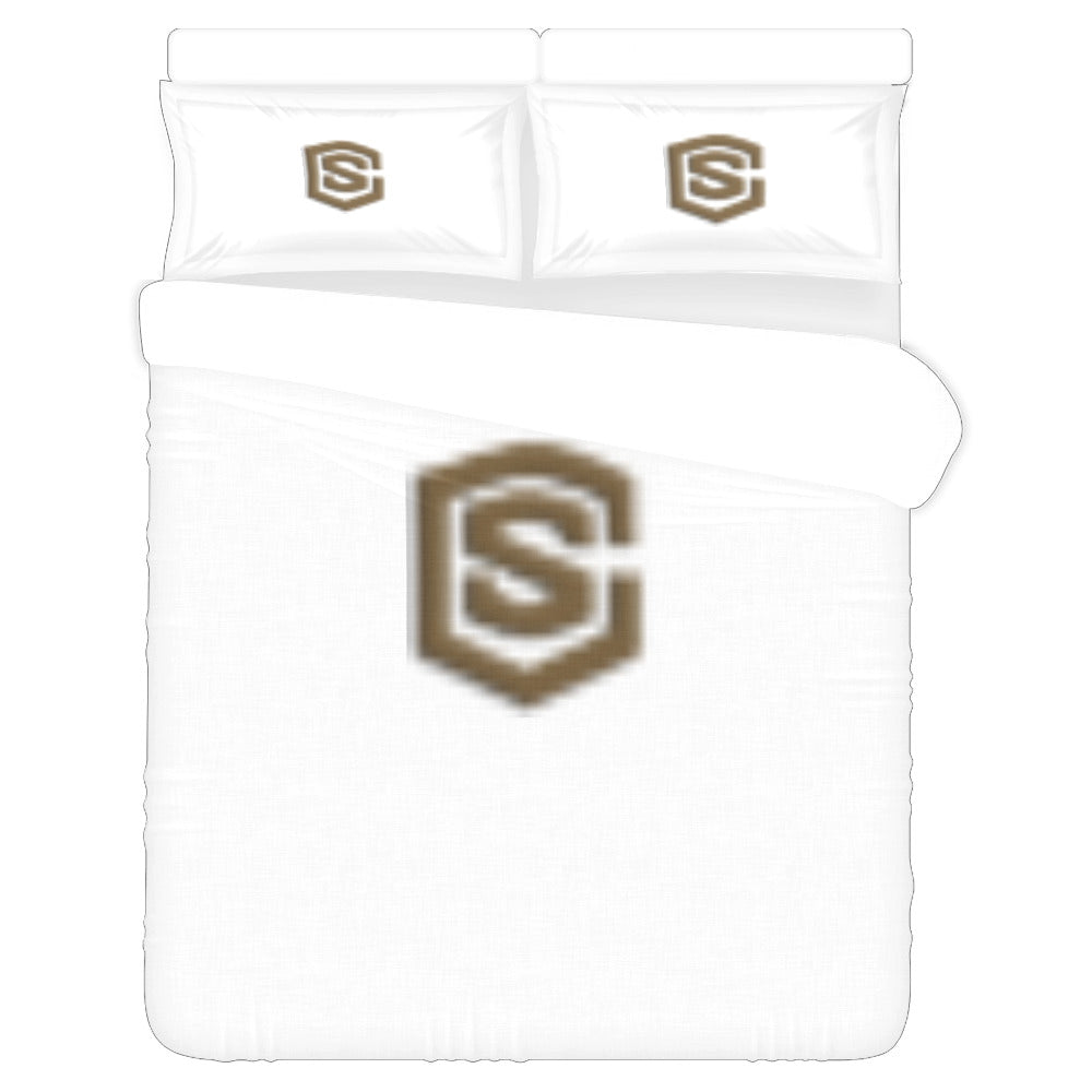 White Duvet Cover Brown Logo 3-Piece Bedding Set (1 Duvet Cover 86"x70"; 2 Pillowcases 20"x30")(One Side)
