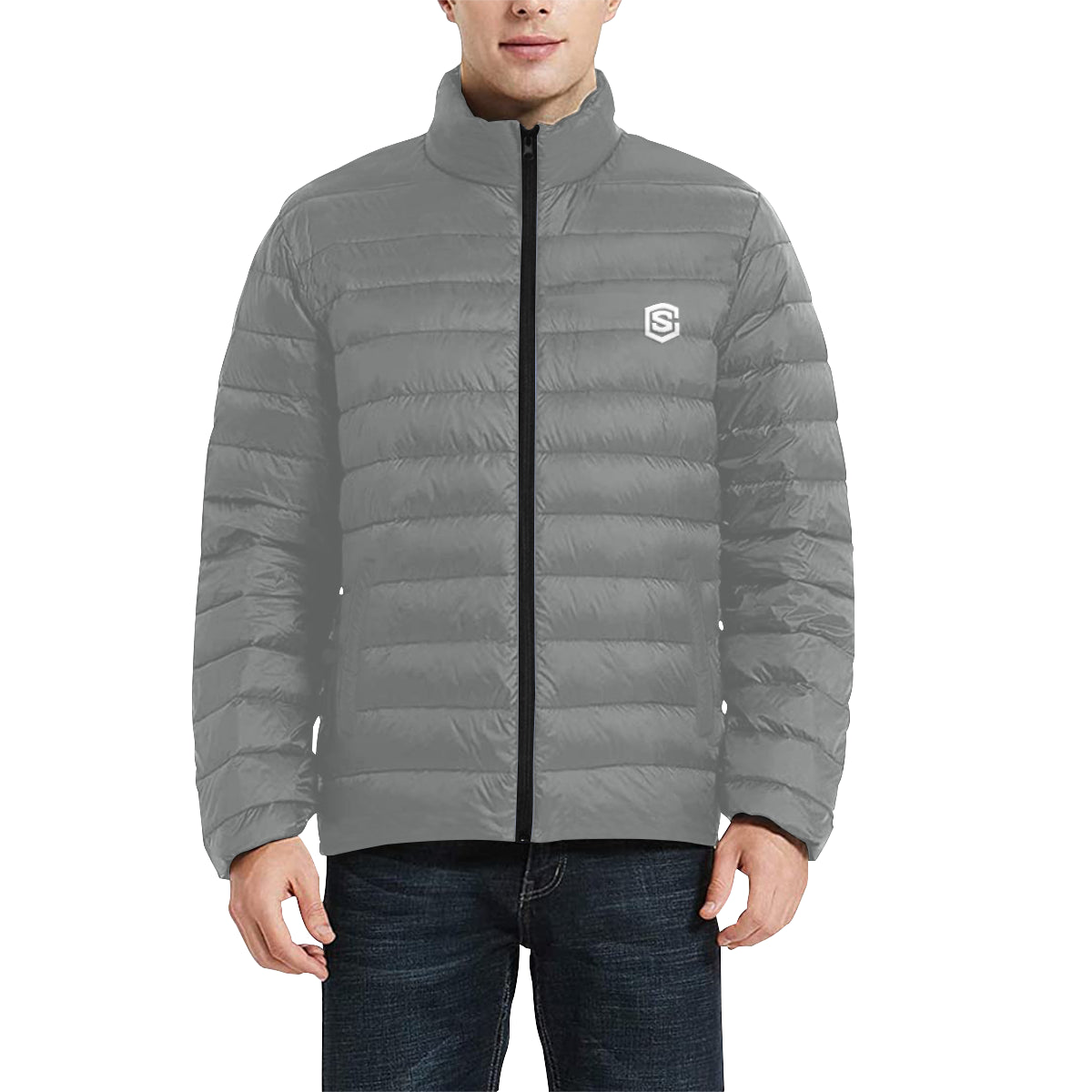 White Logo Men's Stand Collar Padded Jacket (Model H41)