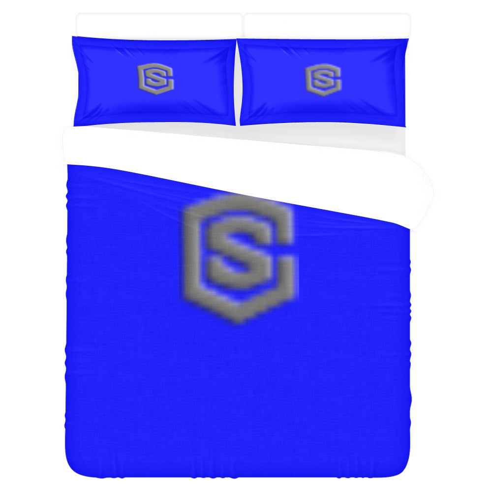 Blue 3-Piece Bedding Set (1 Duvet Cover 86"x70"; 2 Pillowcases 20"x30")(One Side) wtih Gray Logo 3-Piece Bedding Set (1 Duvet Cover 86"x70"; 2 Pillowcases 20"x30")(One Side)