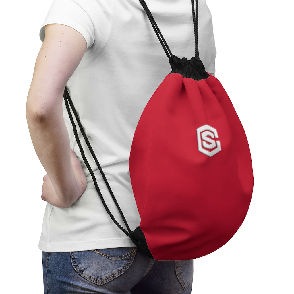 Red Drawstring Bag White logo