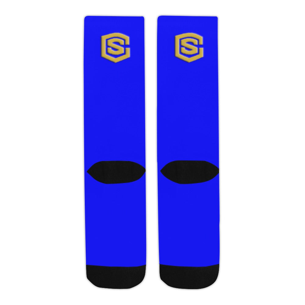 Blue Sublimated Crew Socks (Made In USA) with Gold Logo Sublimated Crew Socks (Made In USA)