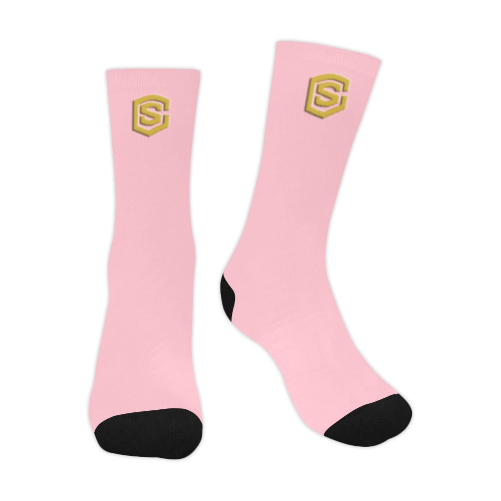 Pink Sublimated Crew Socks (Made In USA) with Gold Logo Sublimated Crew Socks (Made In USA)